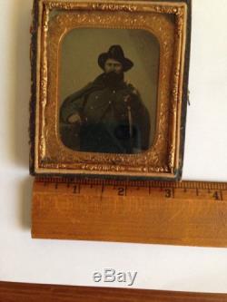 Tintype Photo Half Case Gold Gilded Soldier with Cape and Coat with Sword Civil War