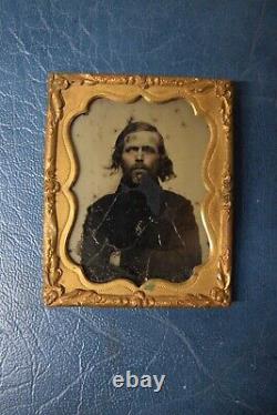 US Civil War Ambrotype Soldier Portrait Glass Eye Spooky Looking plus tin