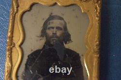 US Civil War Ambrotype Soldier Portrait Glass Eye Spooky Looking plus tin