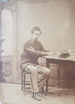Unique Antique Photograph Civil War Soldier Sergeant At Desk With Newspaper