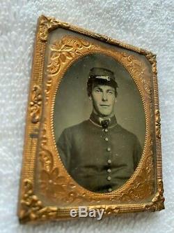United States Civil War Daguerreotype Soldier in Uniform with ornate gold frame