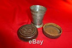VERY DESIRABLE CIVIL WAR ERA SOLDIERS EAGLE LEATHER CASED COLLAPSIBLE PEWTER CUP