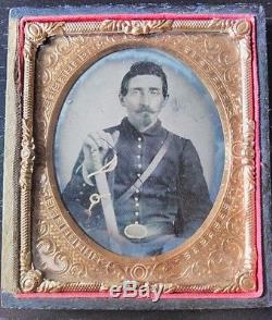 Victorian 1/6th Plate Relivio Ambrotype Of Armed Civil War Soldier Tinted