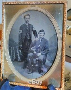 Victorian civil war half plate tintype of civil war soldier brothers camp scene