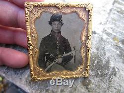 Vintage Civil War African American Soldier Union Tintype Armed Colt Sword Photo