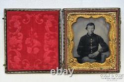 Vintage Tintype Photo Civil War Soldier in Uniform Hinged Flocked Frame 19889