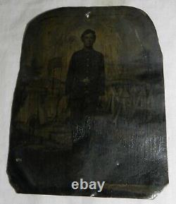 Vintage Tintype photo of Civil War Union Soldier with painted encampment backdrop