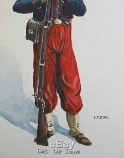 Vintage United States Civil War Zouave Soldier Watercolor Portrait Painting