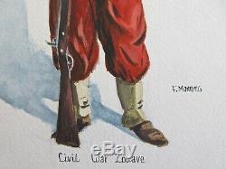 Vintage United States Civil War Zouave Soldier Watercolor Portrait Painting