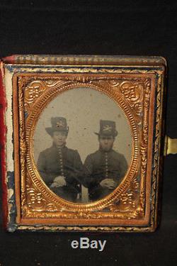 Vtg daguerreotype 2 men in Uniform Crossed Sabres Hardee Hat Civil War Soldiers