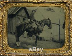Wonderful Mounted Civil War Horse Soldier at Outpost or Camp ¼ Plate Tintype