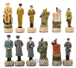World War II Chess Set Leather Board Hitler Soldiers Tanks King Queens Figurines