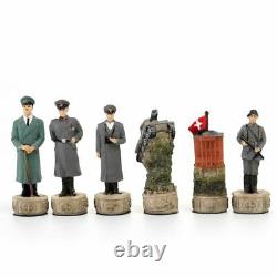 World War II Chess Set Leather Board Hitler Soldiers Tanks King Queens Figurines